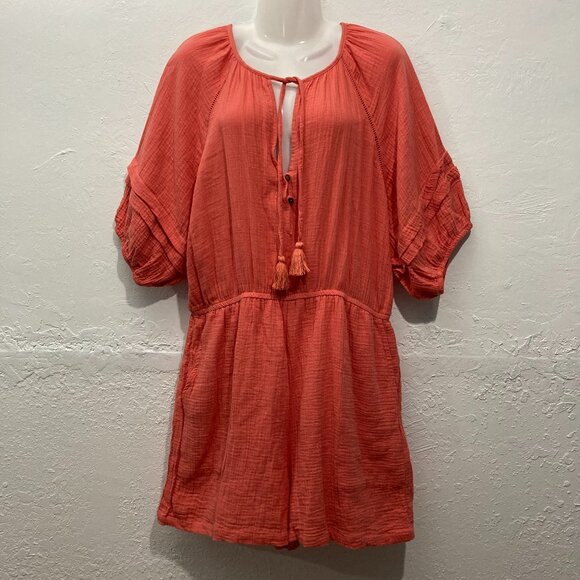 Knox Rose Pants - Knox Rose Coral Short Sleeve Gauze Coral Romper Tasseled Elastic Waist Pocket XL
